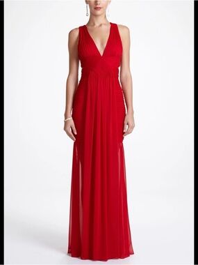 Adrianna Papell Red V-Neck Pleated Maxi Gown